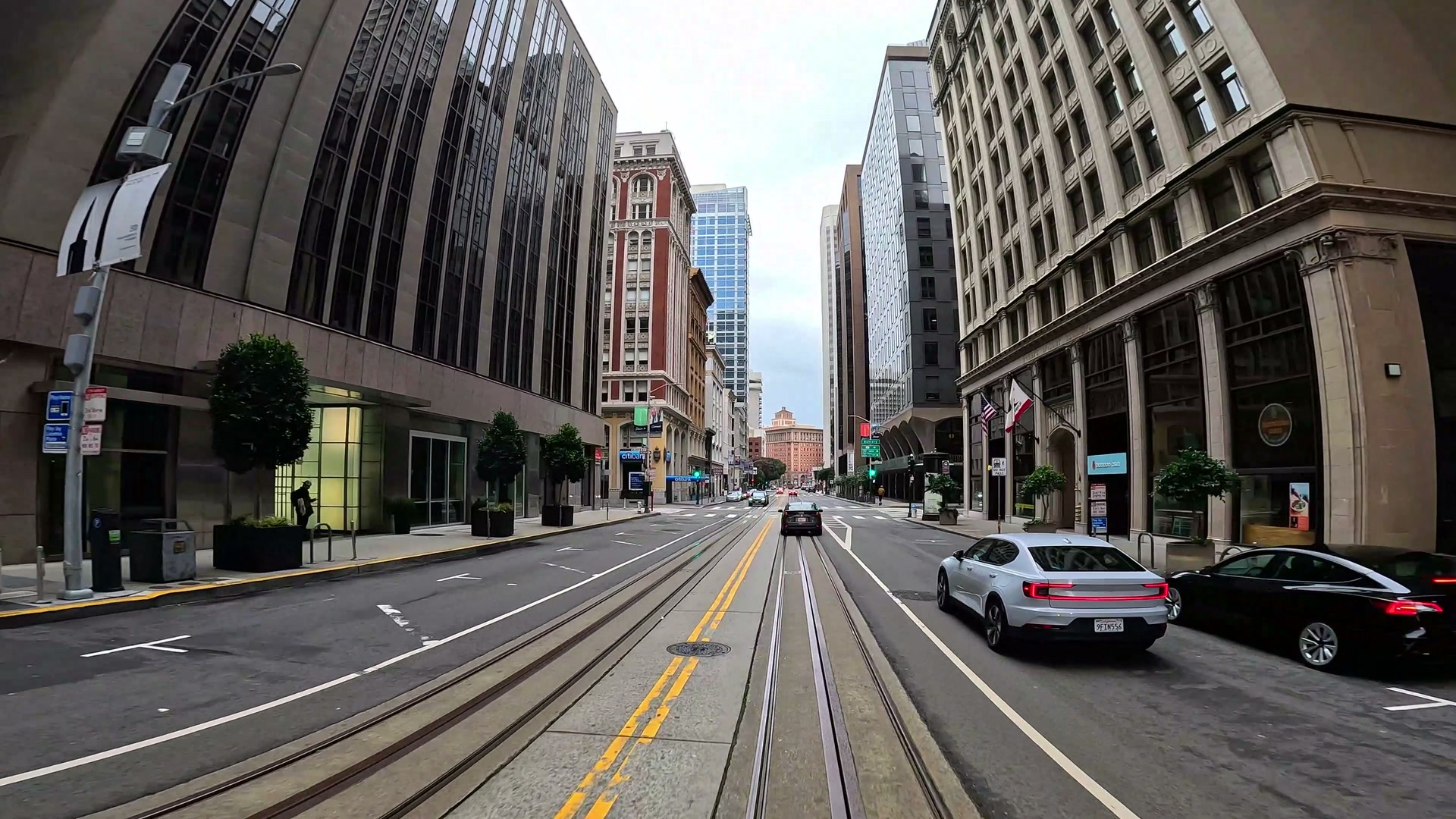 Cable car tracks running through downtown San Francisco